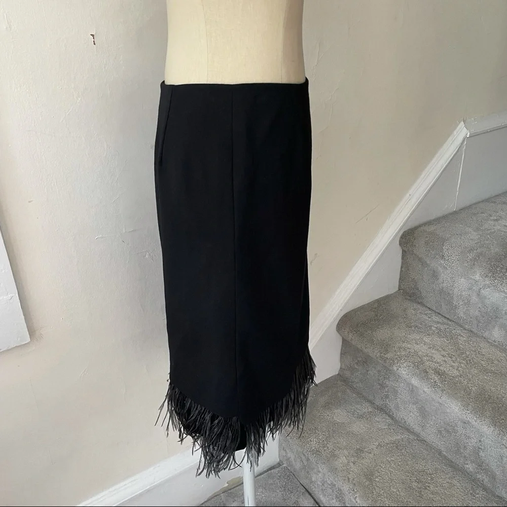 Teri Jon Rickie Freeman Wool Feather Trim Skirt